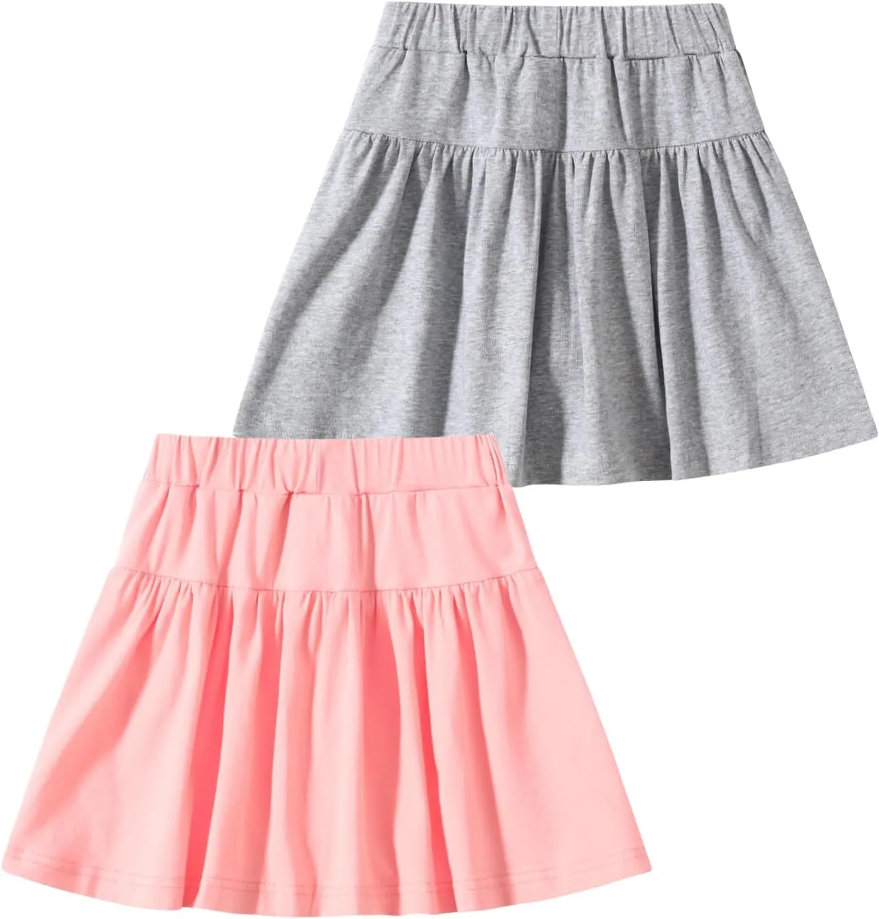 2 Pack Girls Skirts Elastic Flared Plain Tennis Skater Skirts with Built-in Shorts Kids Active Flowy Skorts