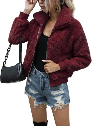 AKEWEI Women's Short Faux Fur Coat Casual Shaggy Jacket with Pockets Warm Winter Zip-Up Fluffy Outwear