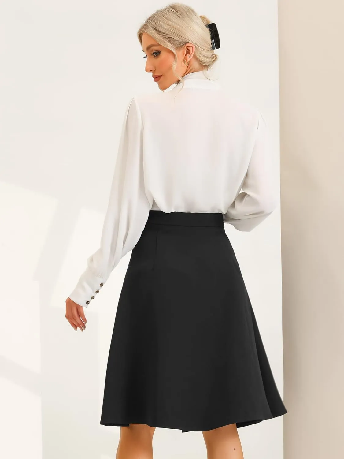 Allegra K Casual Office A-Line Skirt for Women's Button Decor High Waist Midi Flared Pleated Skirts
