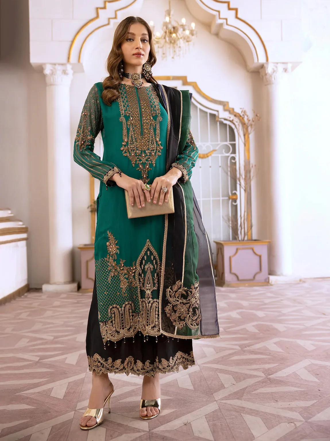 Ally's Green Chiffon Embroidered 3-Piece Suit (AL-3651)
