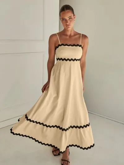 Amalfi Spaghetti Strap A-Line Maxi Dress with Contrast RicRac Trim | 4 Colors | Poundton