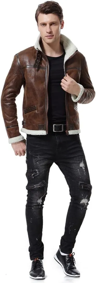 AOWOFS Men's Faux Leather Jacket Brown Motorcycle Bomber Shearling Suede Stand Collar