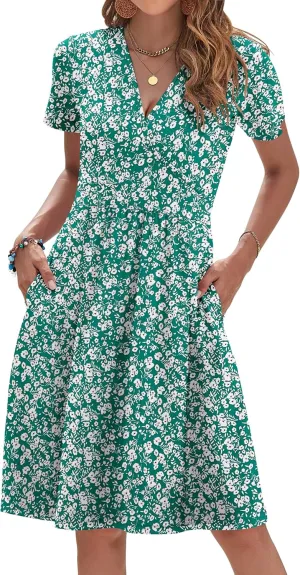 AUSELILY Womens Summer Dresses 2025 Short Sleeve V Neck Floral Sundress with Pockets