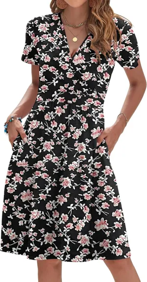 AUSELILY Womens Summer Dresses 2025 Short Sleeve V Neck Floral Sundress with Pockets