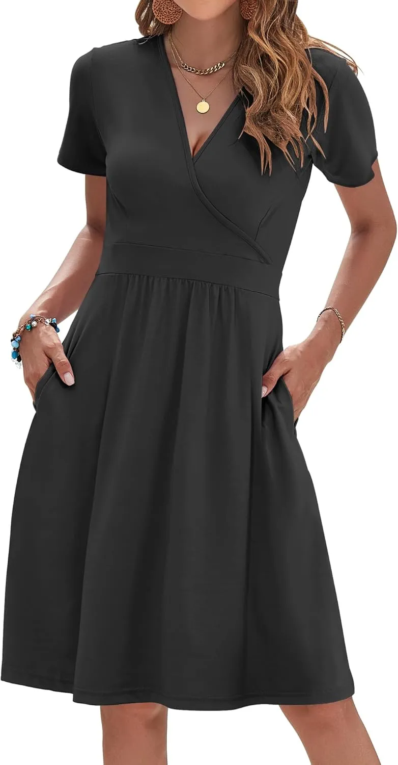 AUSELILY Womens Summer Dresses 2025 Short Sleeve V Neck Floral Sundress with Pockets