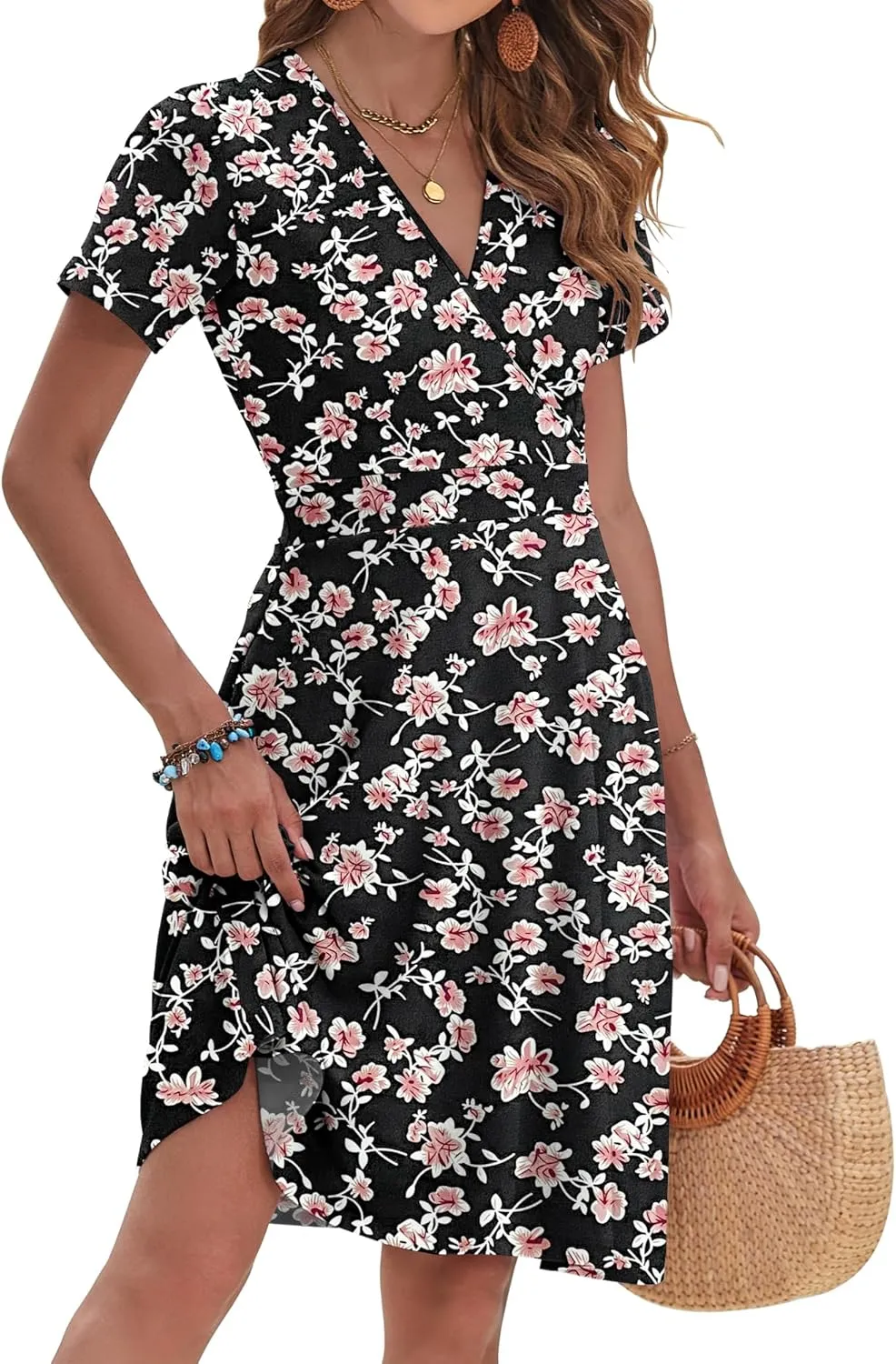 AUSELILY Womens Summer Dresses 2025 Short Sleeve V Neck Floral Sundress with Pockets