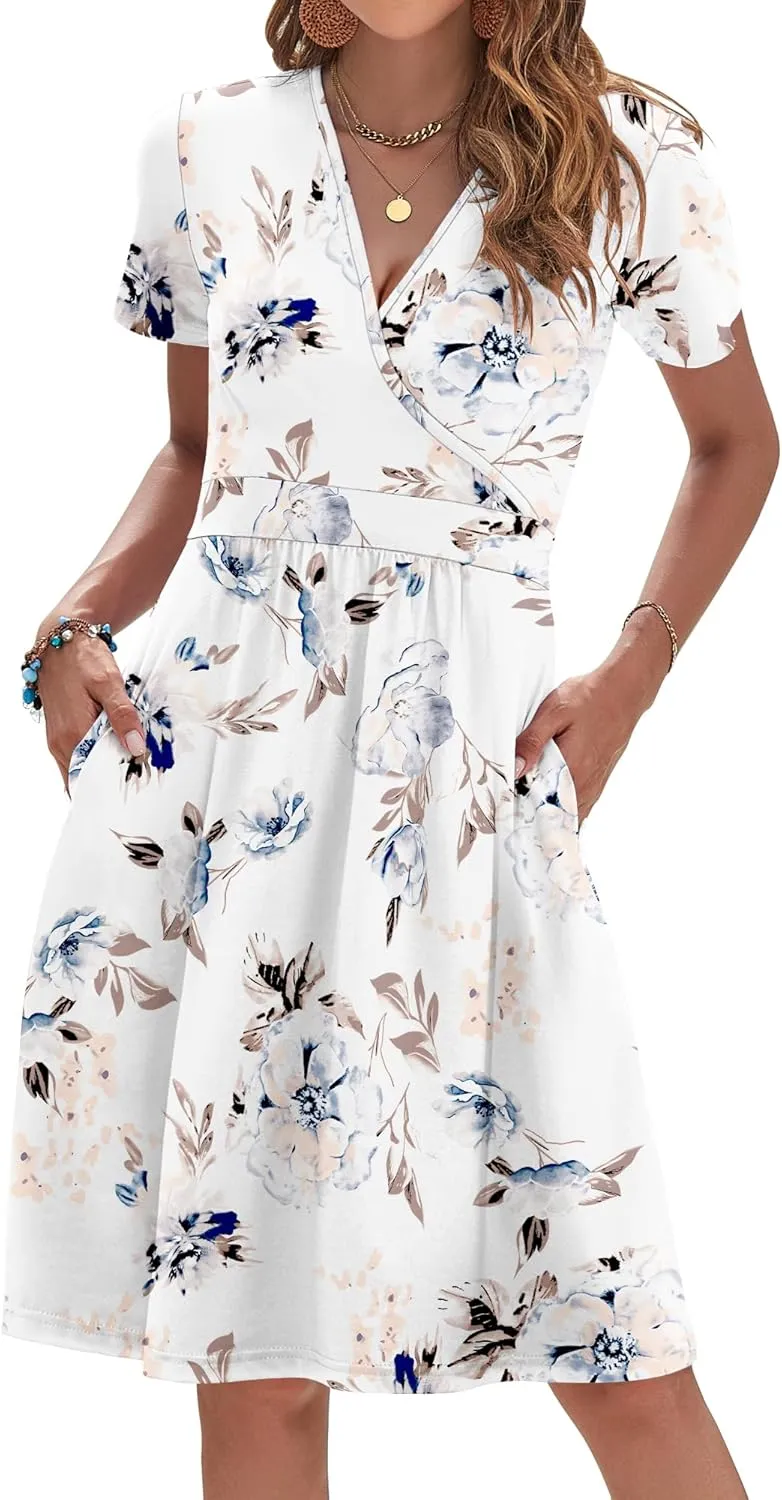 AUSELILY Womens Summer Dresses 2025 Short Sleeve V Neck Floral Sundress with Pockets