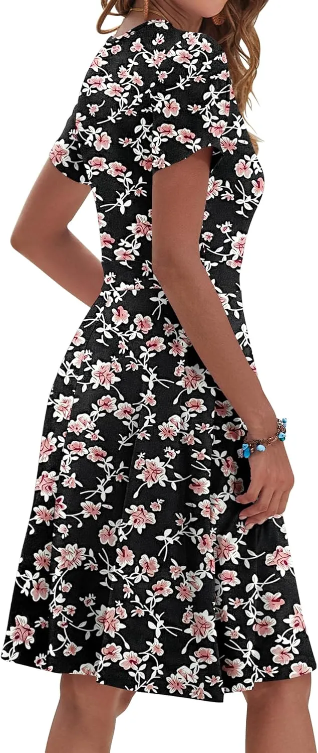 AUSELILY Womens Summer Dresses 2025 Short Sleeve V Neck Floral Sundress with Pockets