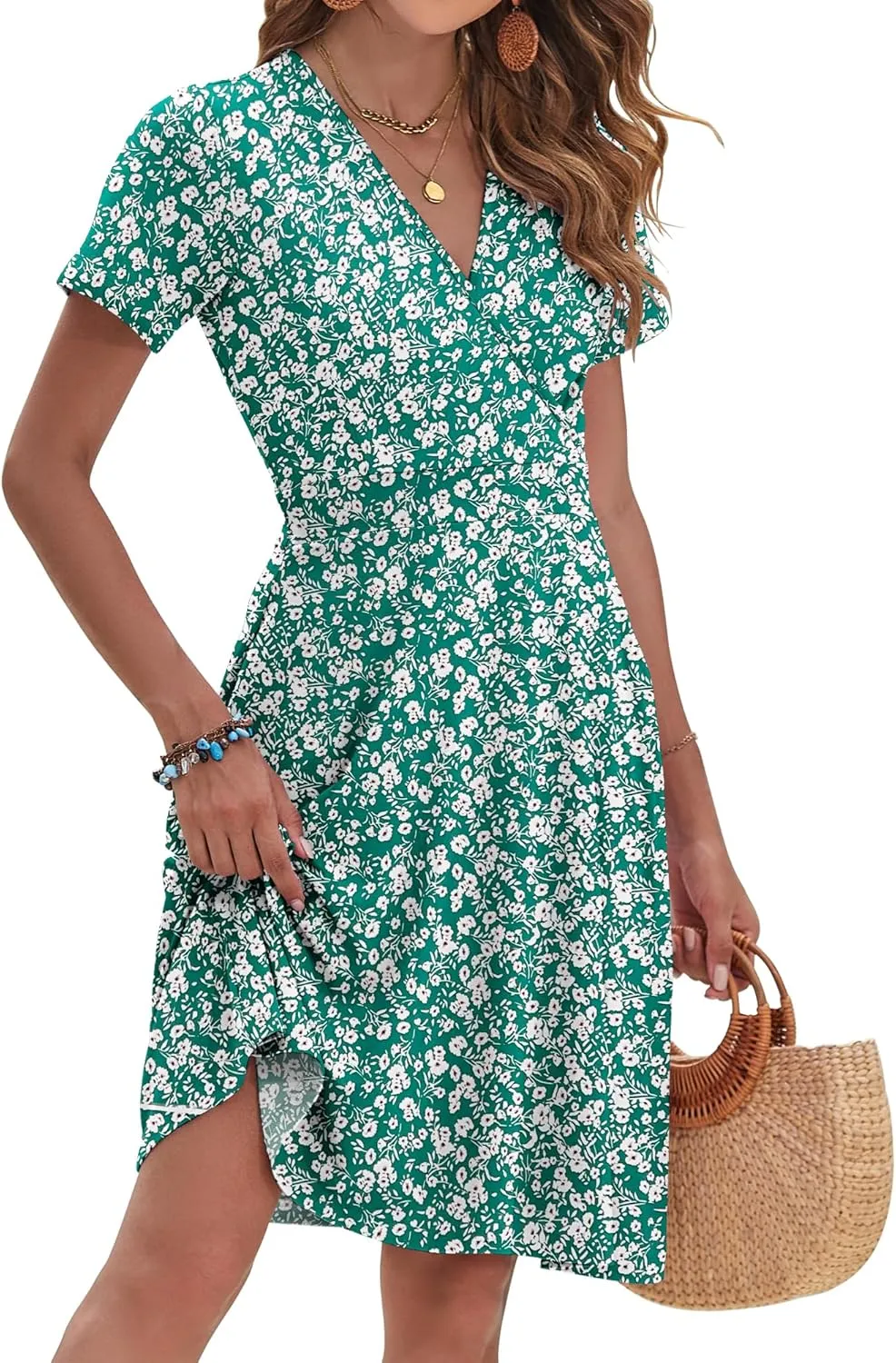 AUSELILY Womens Summer Dresses 2025 Short Sleeve V Neck Floral Sundress with Pockets