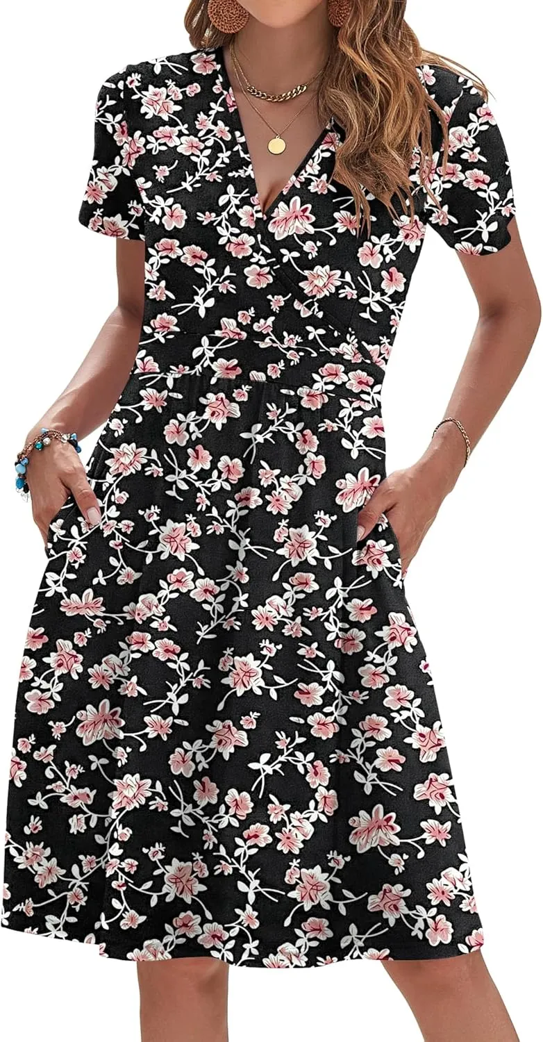 AUSELILY Womens Summer Dresses 2025 Short Sleeve V Neck Floral Sundress with Pockets