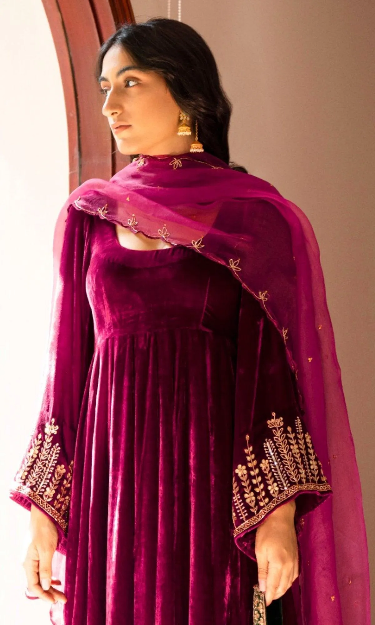 Bareen Embroidered  - Deep Orchid Velvet Anarkali With Palazzo And Organza Dupatta - Set of 3 - RTS