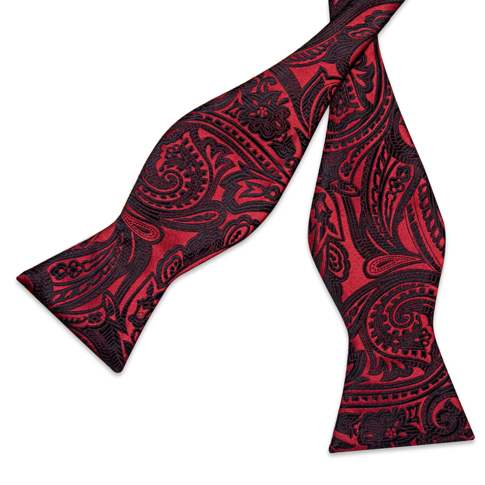 Black Red Floral Silk Bowtie Pocket Square Cufflinks Set