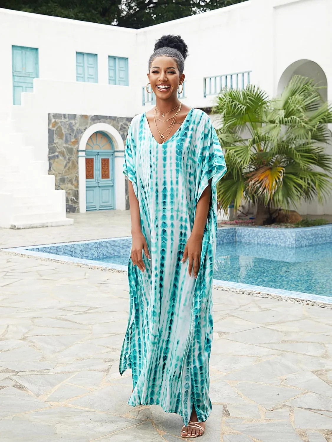 Chunoy Women Loose Lightweight Kaftan Boho Caftan Sleeve Tie Dye Striped Long Beach Cover Up Dress