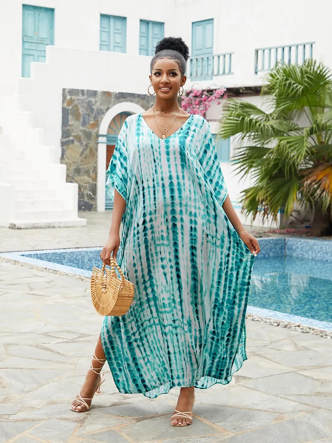 Chunoy Women Loose Lightweight Kaftan Boho Caftan Sleeve Tie Dye Striped Long Beach Cover Up Dress