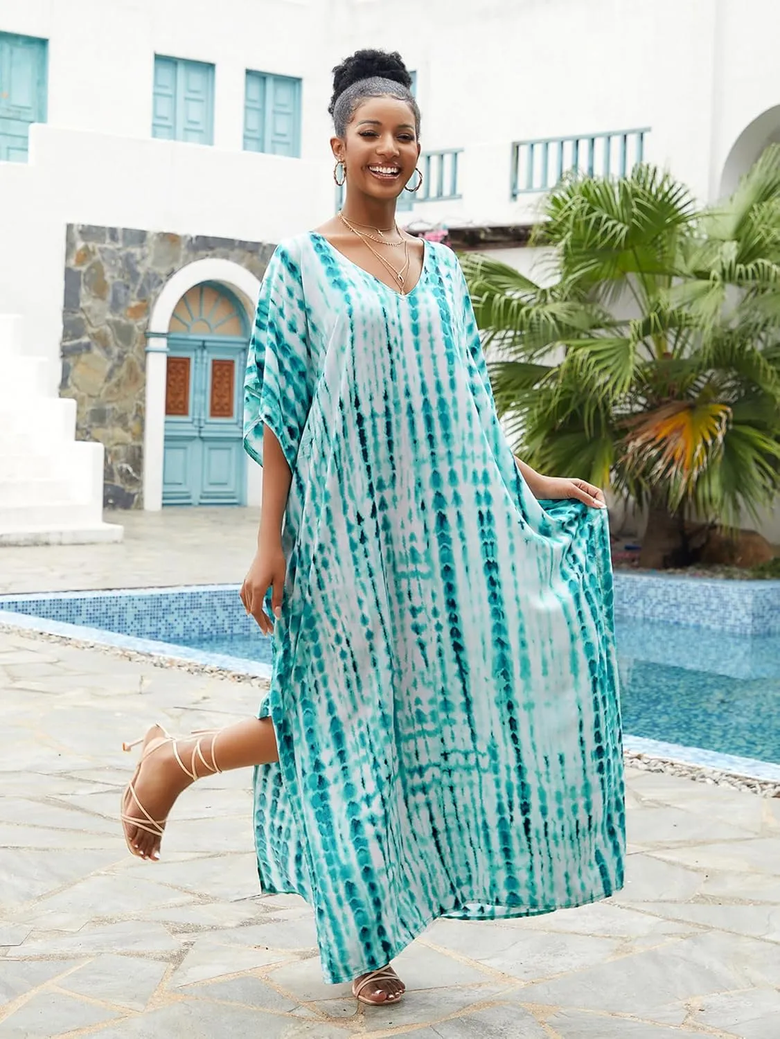 Chunoy Women Loose Lightweight Kaftan Boho Caftan Sleeve Tie Dye Striped Long Beach Cover Up Dress