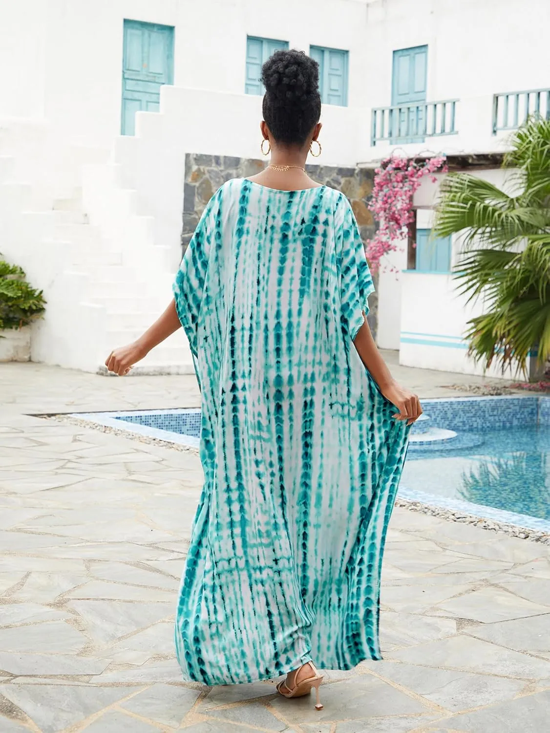 Chunoy Women Loose Lightweight Kaftan Boho Caftan Sleeve Tie Dye Striped Long Beach Cover Up Dress
