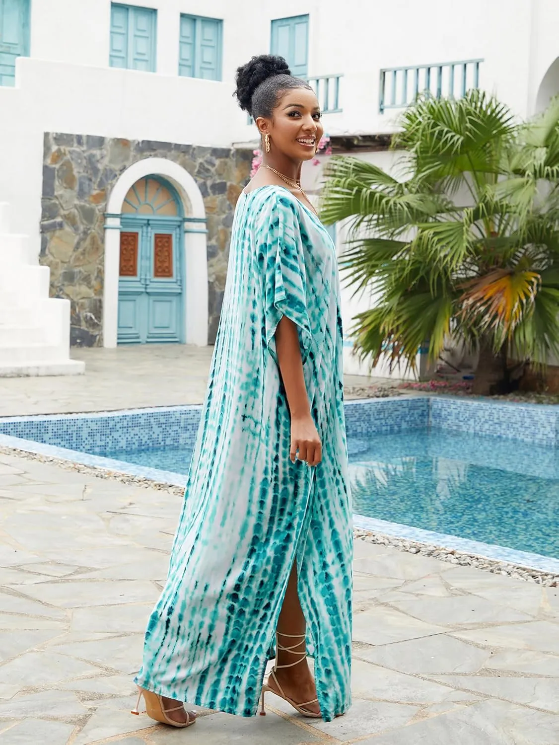 Chunoy Women Loose Lightweight Kaftan Boho Caftan Sleeve Tie Dye Striped Long Beach Cover Up Dress
