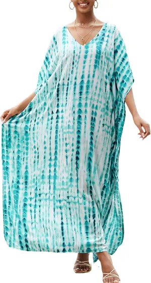 Chunoy Women Loose Lightweight Kaftan Boho Caftan Sleeve Tie Dye Striped Long Beach Cover Up Dress