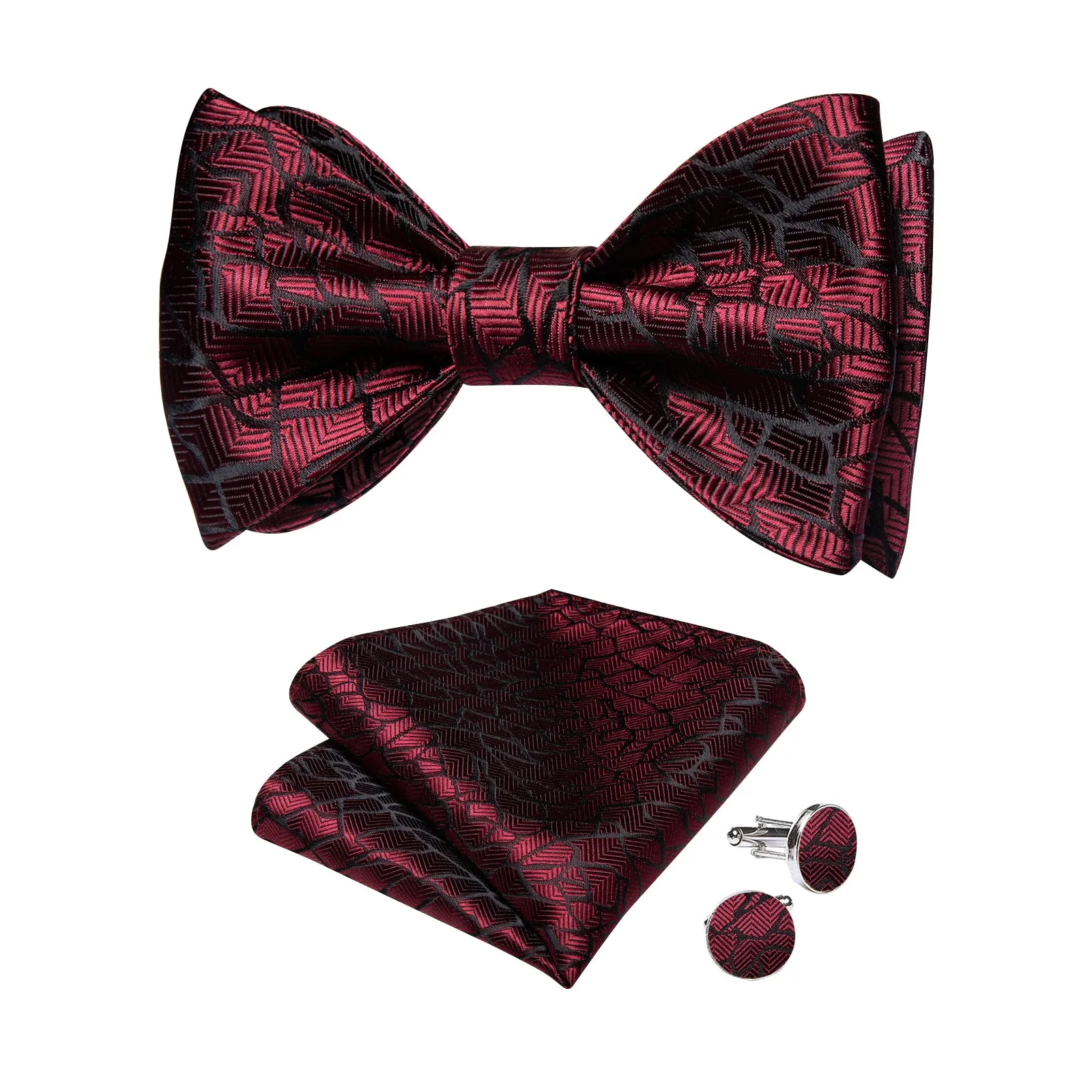Claret Black Stripe Silk Bowtie Pocket Square Cufflinks Set
