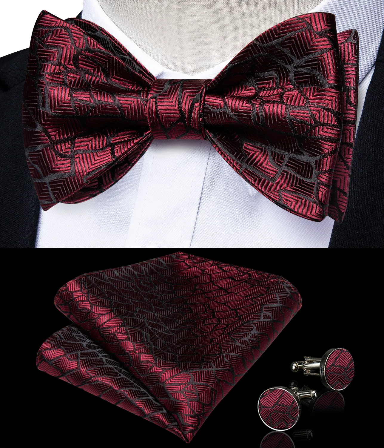 Claret Black Stripe Silk Bowtie Pocket Square Cufflinks Set