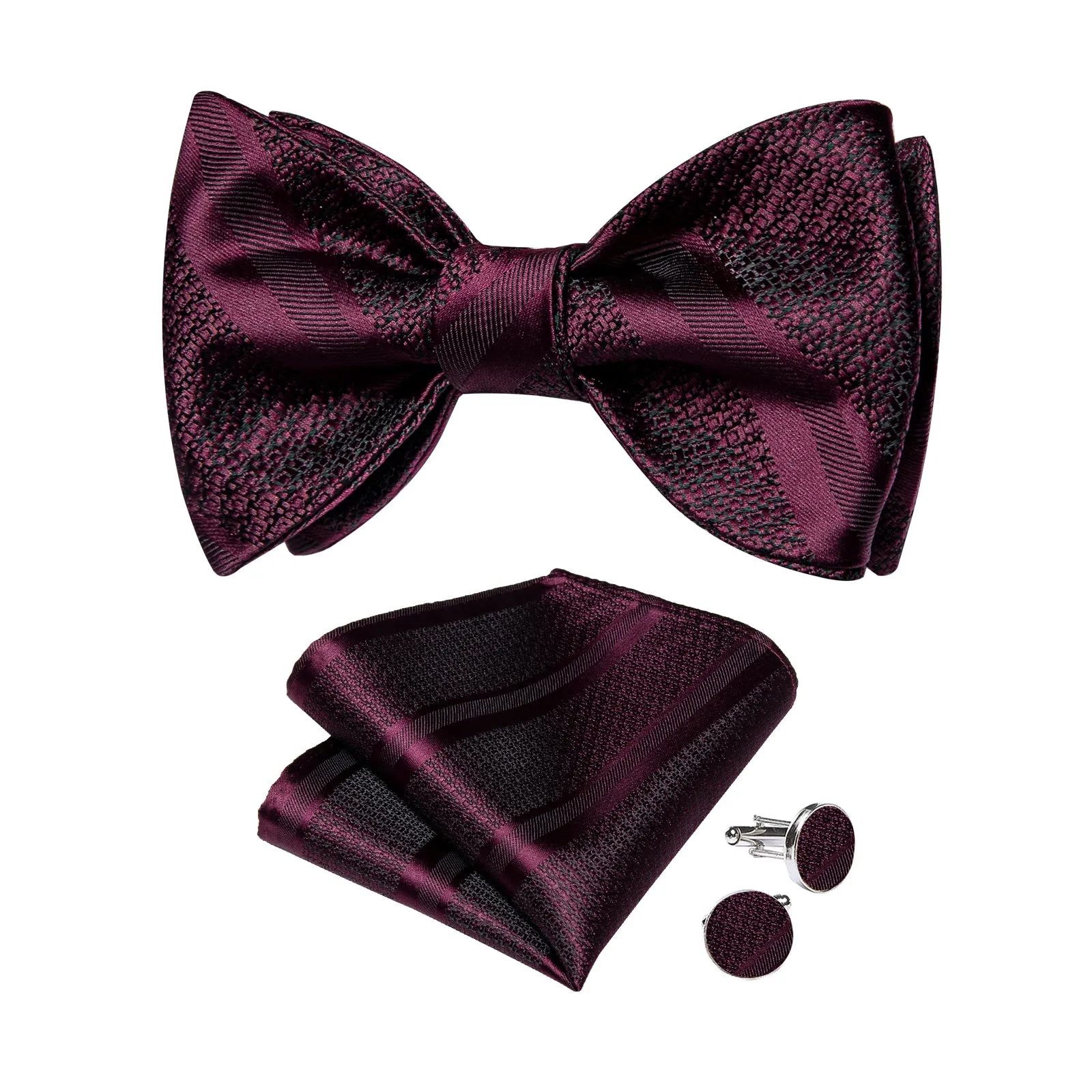 Claret Solid Silk Bowtie Pocket Square Cufflinks Set