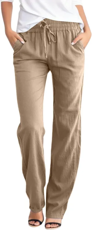 Cotton Linen Pants for Women High Waisted Drawstring Straight Leg Casual Pant Tapered Lounge Trousers with Pockets