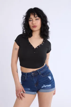 Curved Hem Cropped Henley Tee