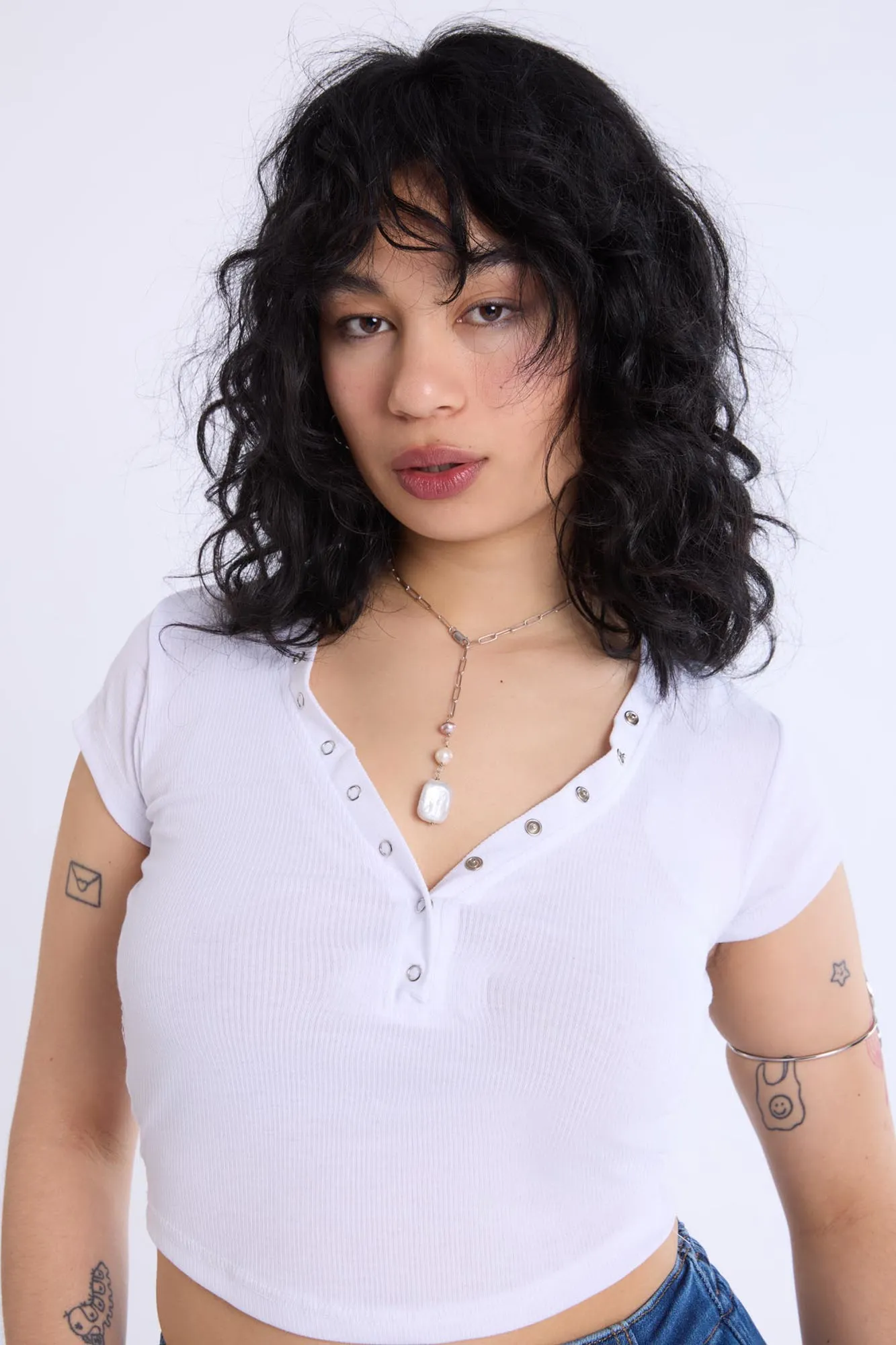Curved Hem Cropped Henley Tee