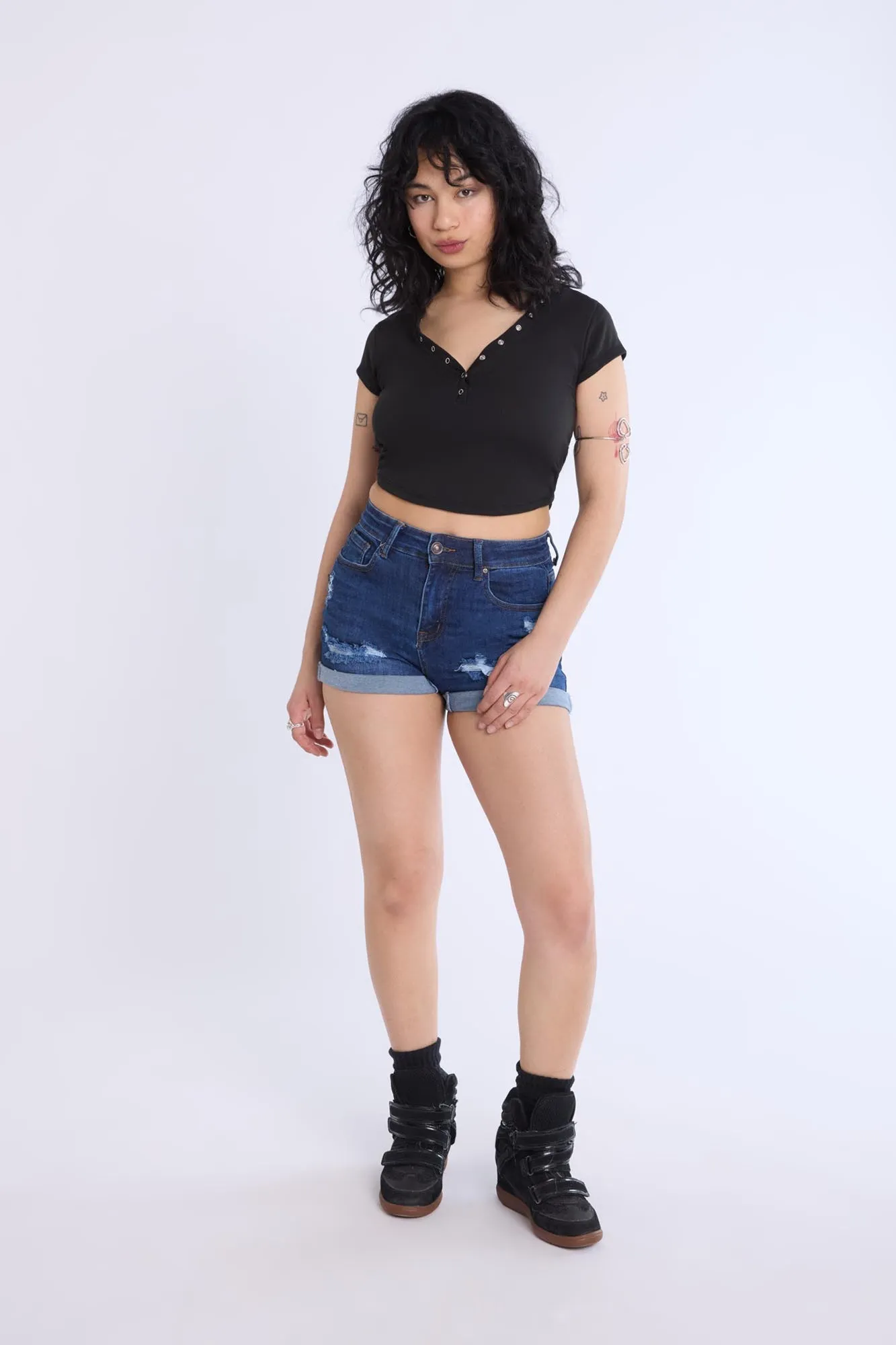 Curved Hem Cropped Henley Tee