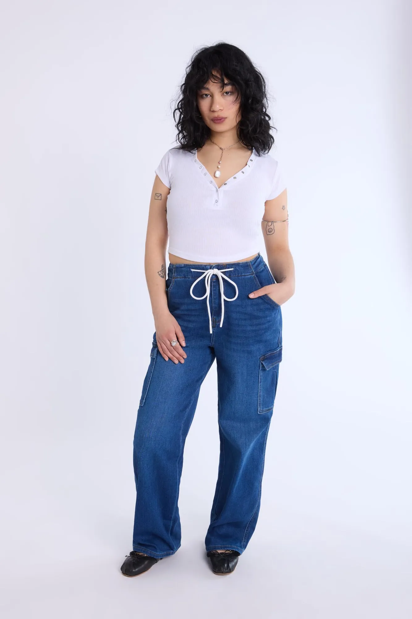Curved Hem Cropped Henley Tee