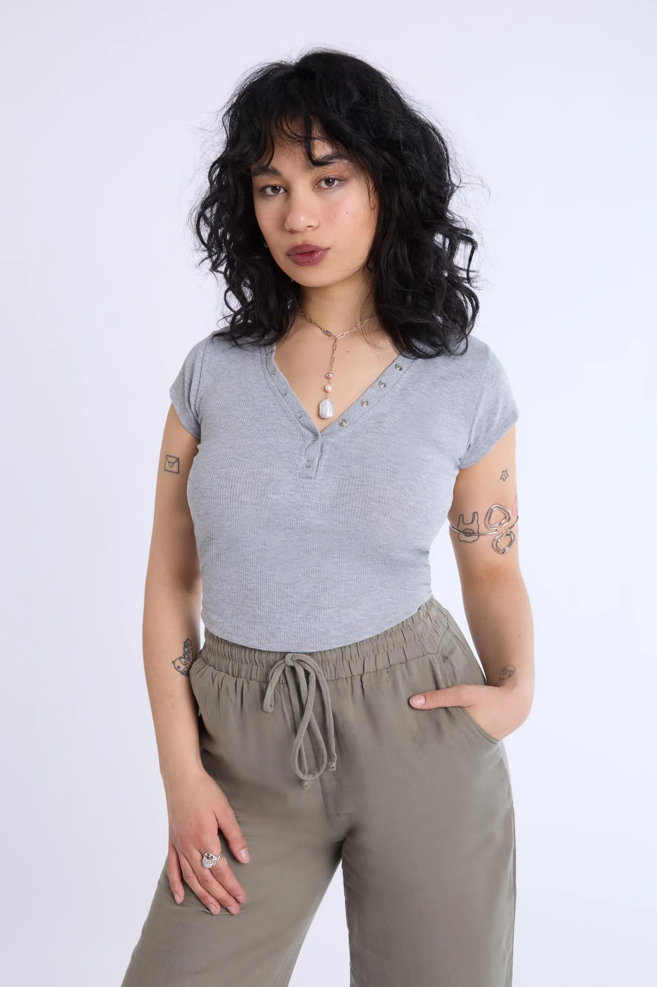 Curved Hem Cropped Henley Tee