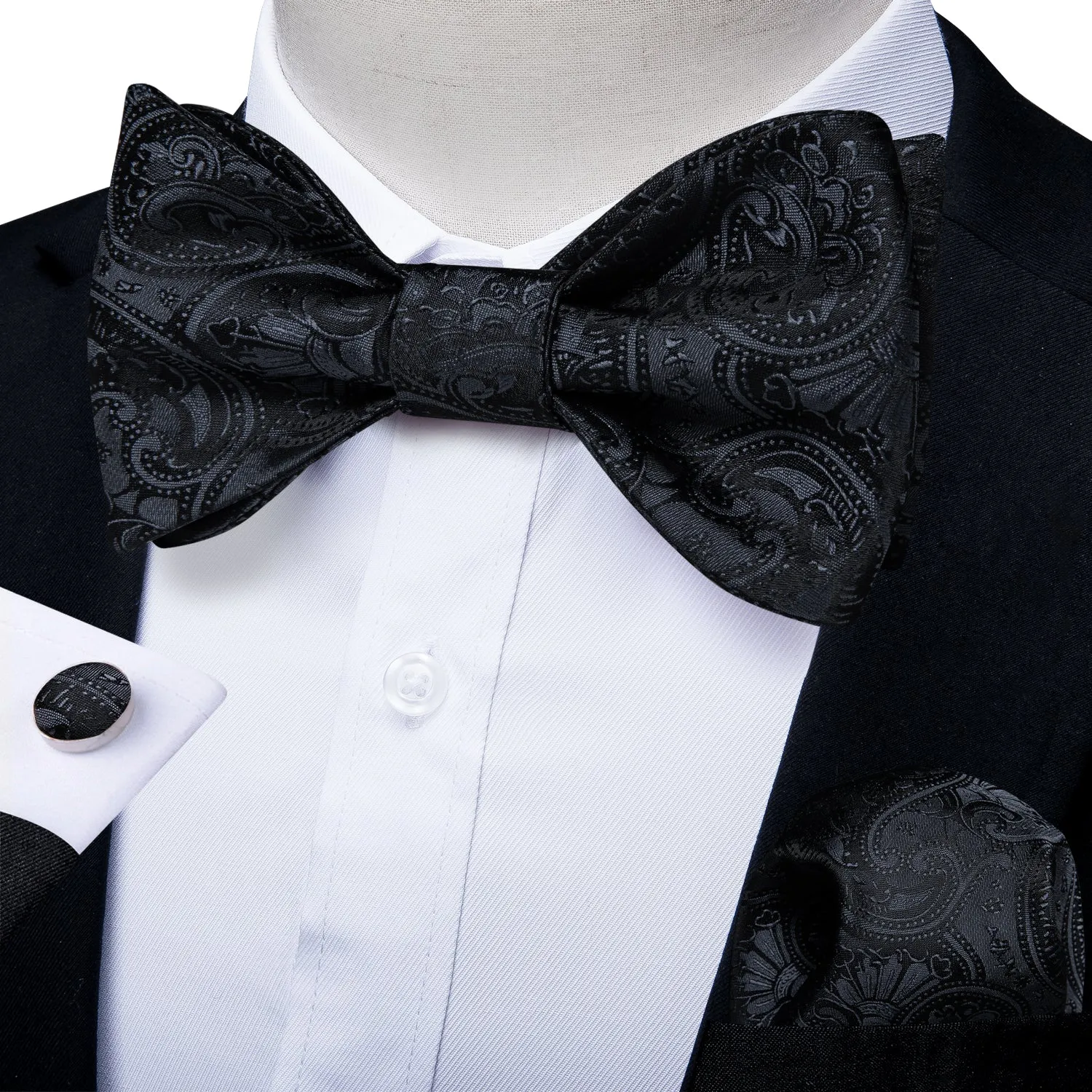 DiBanGu Mens Bow Tie Black Paisley Silk Bowtie Pocket Square Cufflinks Set