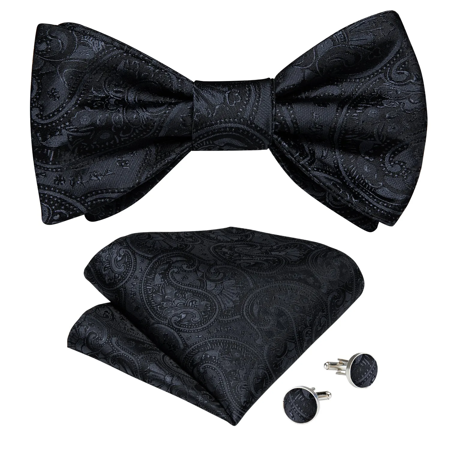 DiBanGu Mens Bow Tie Black Paisley Silk Bowtie Pocket Square Cufflinks Set