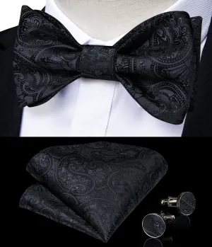 DiBanGu Mens Bow Tie Black Paisley Silk Bowtie Pocket Square Cufflinks Set