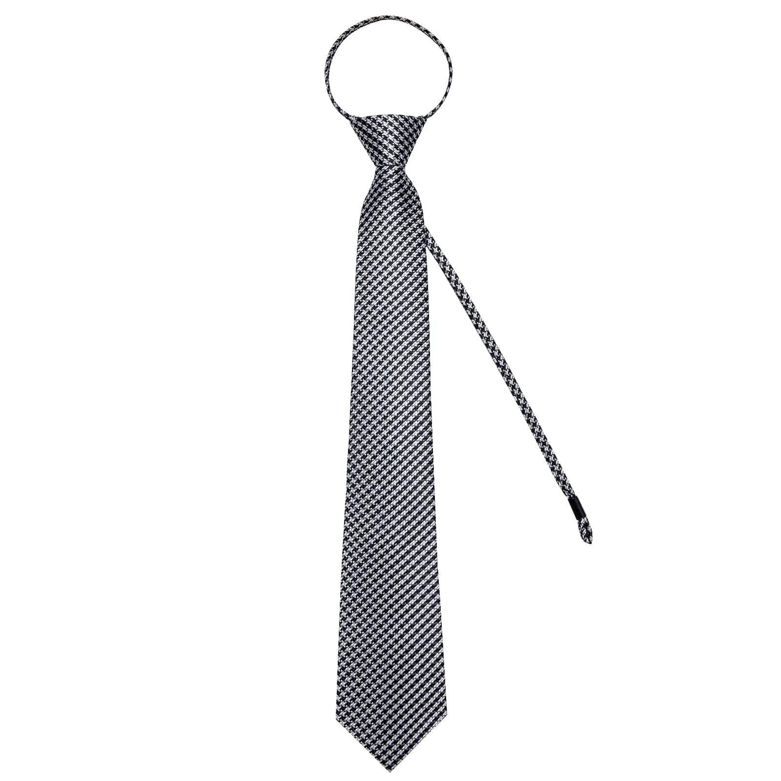 DiBanGu Silk Tie Black White Houndstooth Plaid Lazy Easy-pull Mens Dress Tie Set