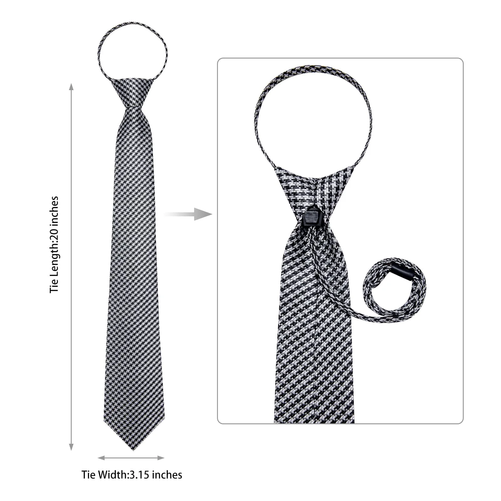 DiBanGu Silk Tie Black White Houndstooth Plaid Lazy Easy-pull Mens Dress Tie Set