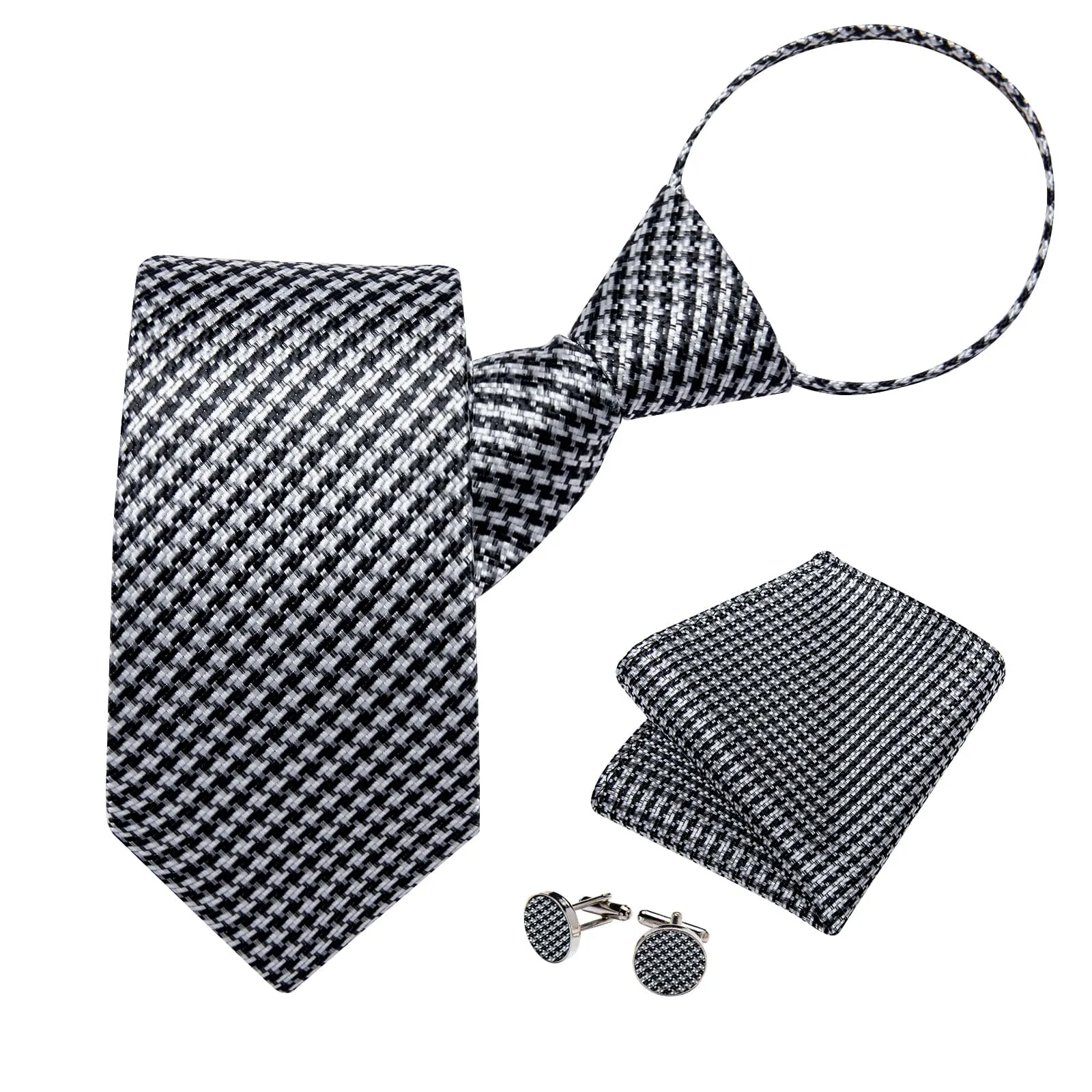DiBanGu Silk Tie Black White Houndstooth Plaid Lazy Easy-pull Mens Dress Tie Set