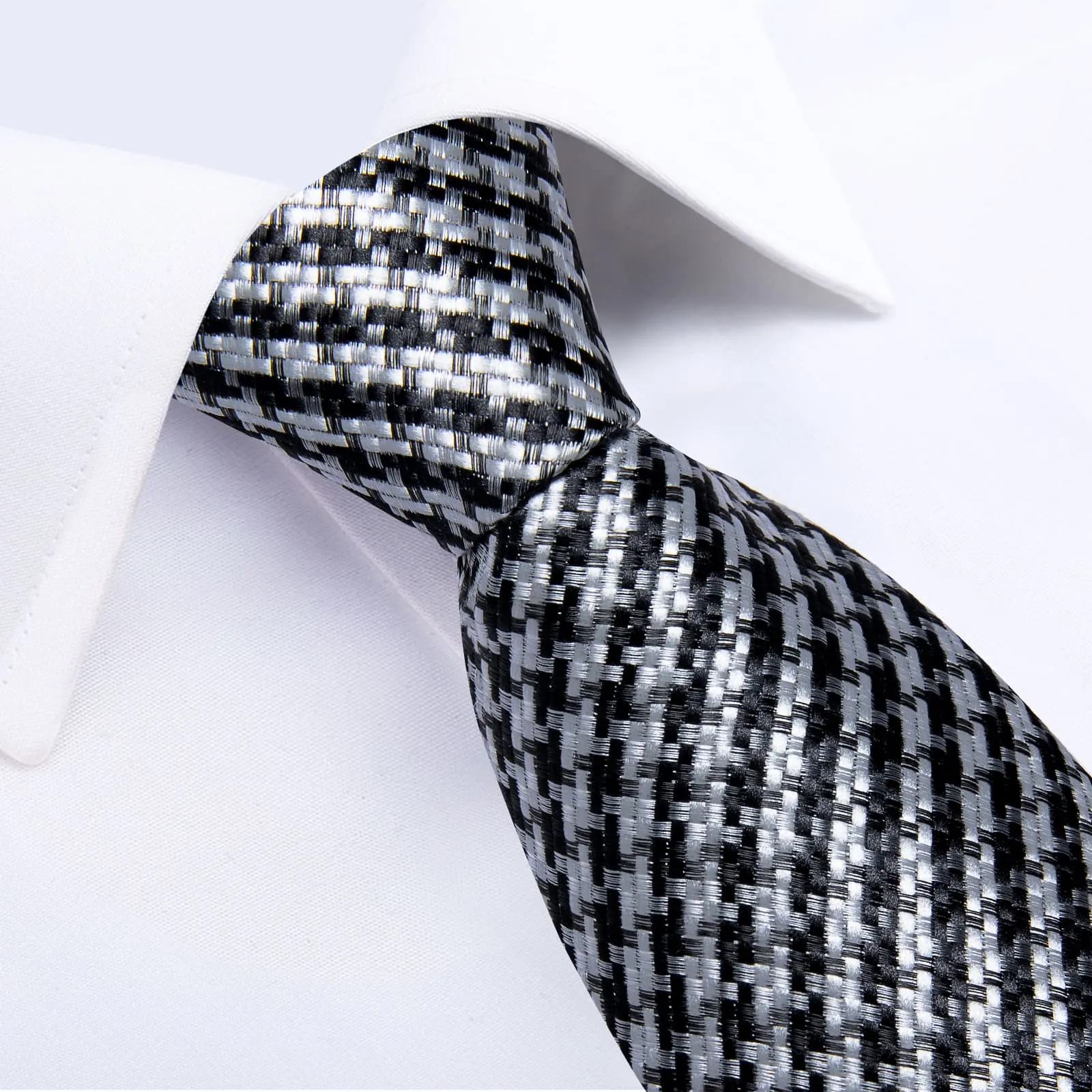 DiBanGu Silk Tie Black White Houndstooth Plaid Lazy Easy-pull Mens Dress Tie Set