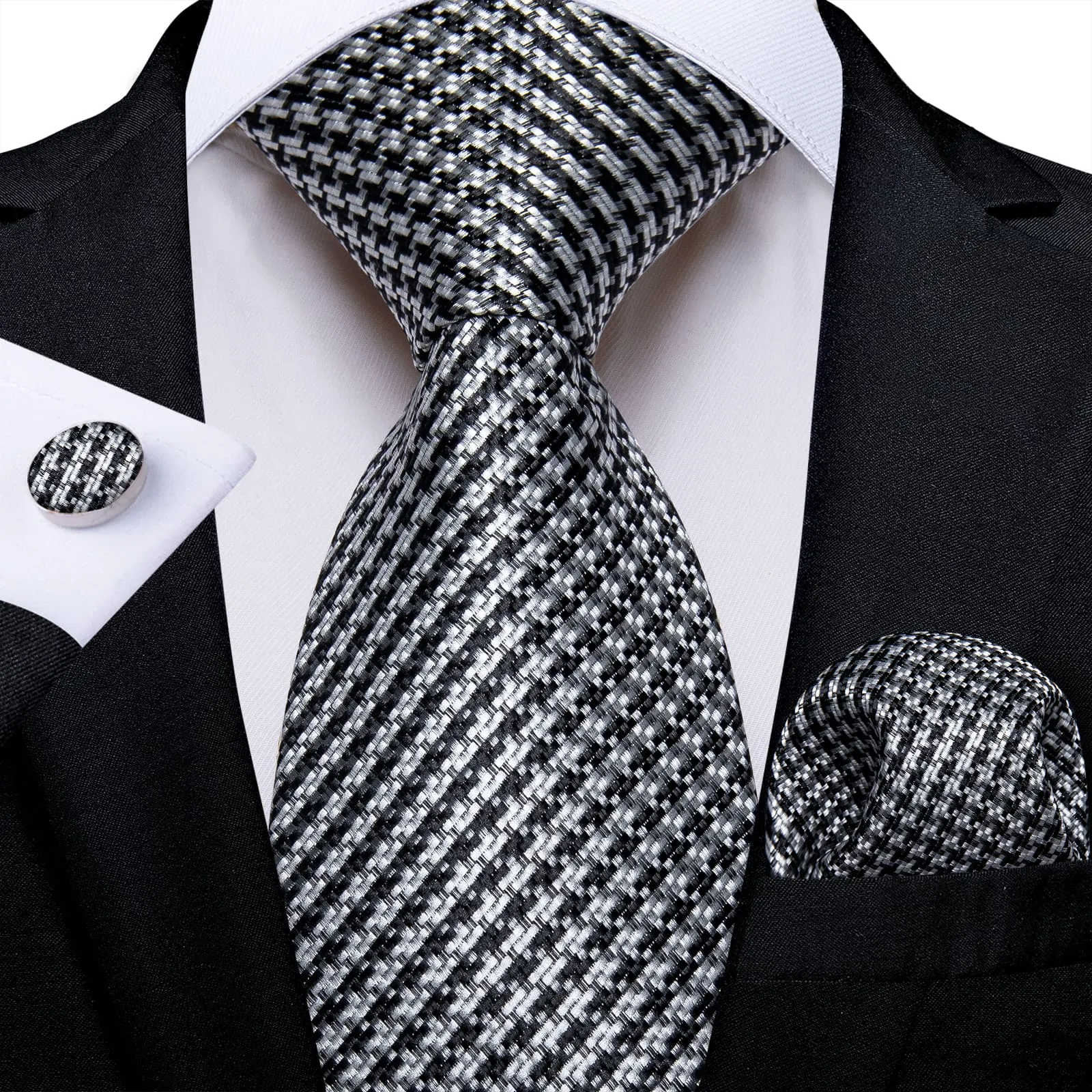 DiBanGu Silk Tie Black White Houndstooth Plaid Lazy Easy-pull Mens Dress Tie Set