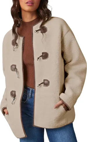 Dokotoo Womens Long Sleeve Jackets Fashion Faux Shearling Oversized Color Block Button Sherpa Jacket Coats