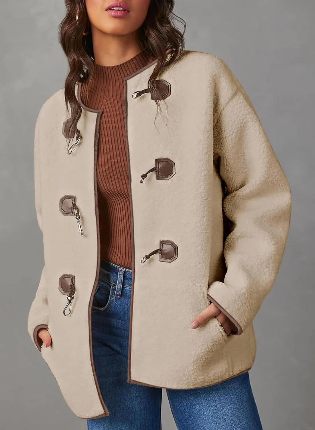 Dokotoo Womens Long Sleeve Jackets Fashion Faux Shearling Oversized Color Block Button Sherpa Jacket Coats