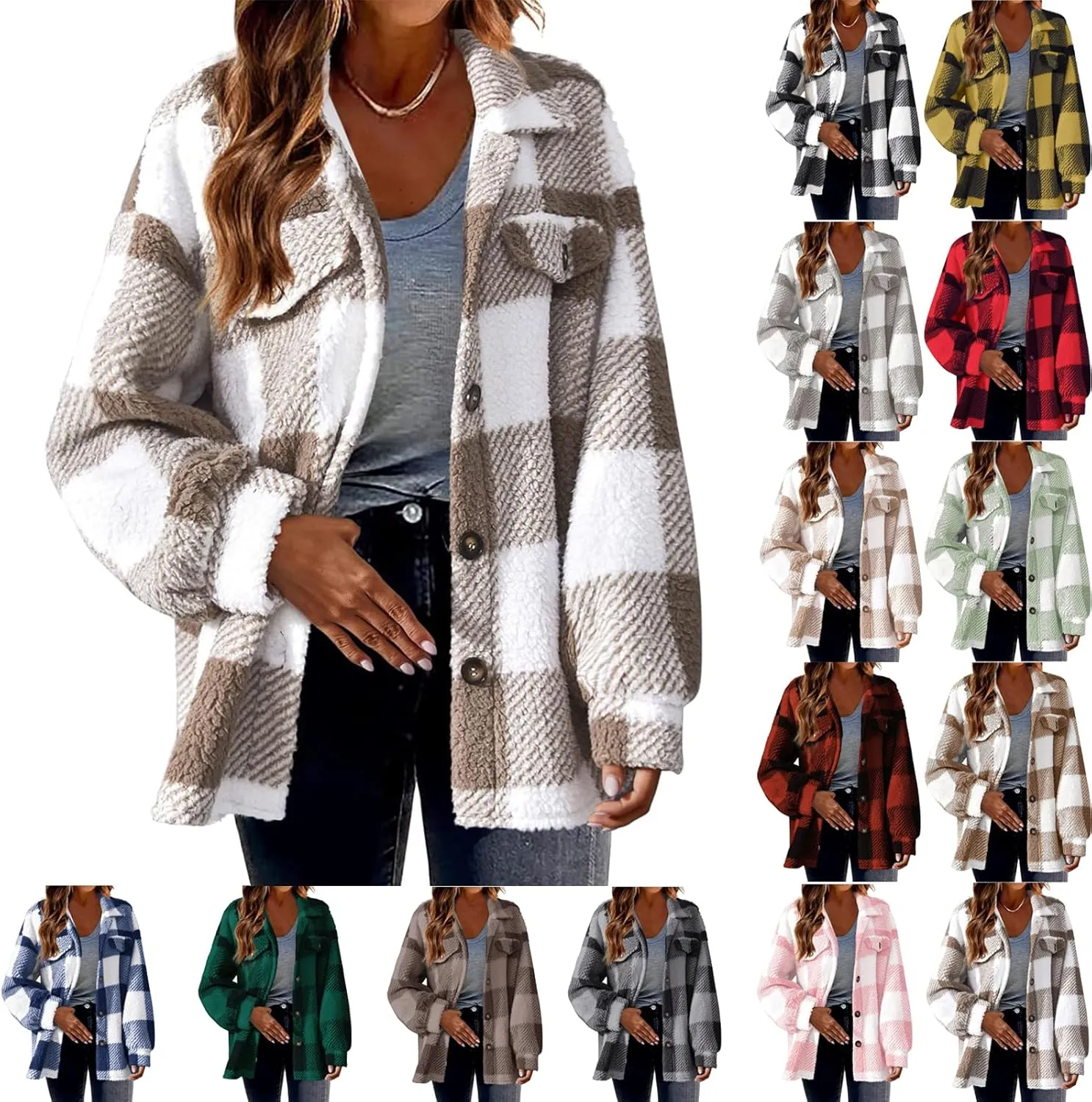 Fuzzy Fleece Plaid Jacket For Women Casual Loose Plus Size Button Down Sherpa Shacket Warm Winter Shearling Coat