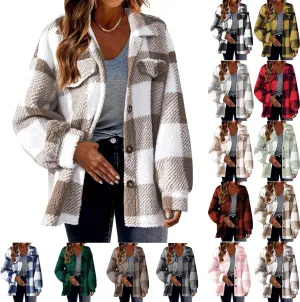 Fuzzy Fleece Plaid Jacket For Women Casual Loose Plus Size Button Down Sherpa Shacket Warm Winter Shearling Coat
