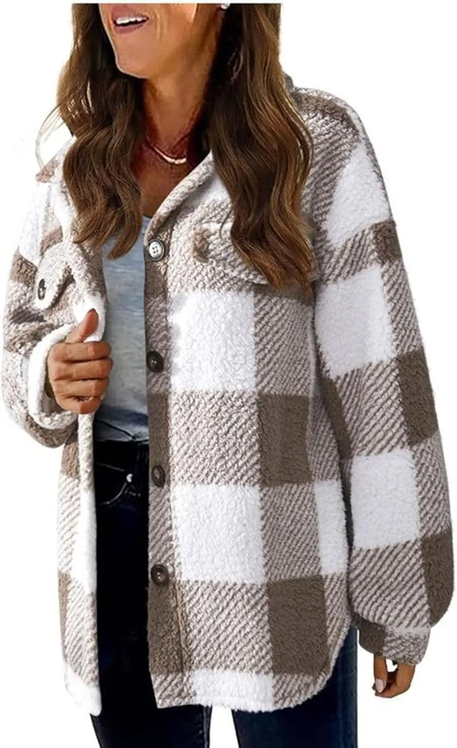 Fuzzy Fleece Plaid Jacket For Women Casual Loose Plus Size Button Down Sherpa Shacket Warm Winter Shearling Coat
