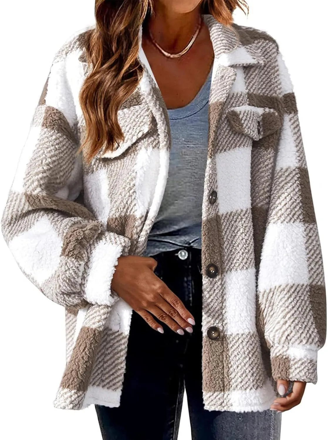 Fuzzy Fleece Plaid Jacket For Women Casual Loose Plus Size Button Down Sherpa Shacket Warm Winter Shearling Coat