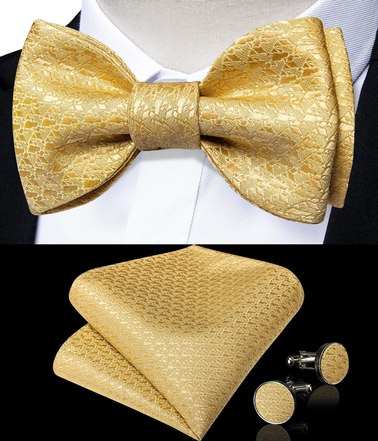 Golden Geometry Silk Bowtie Pocket Square Cufflinks Set
