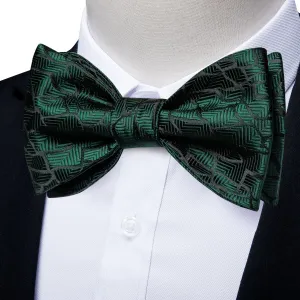 Green Black Stripe Silk Bowtie Pocket Square Cufflinks Set