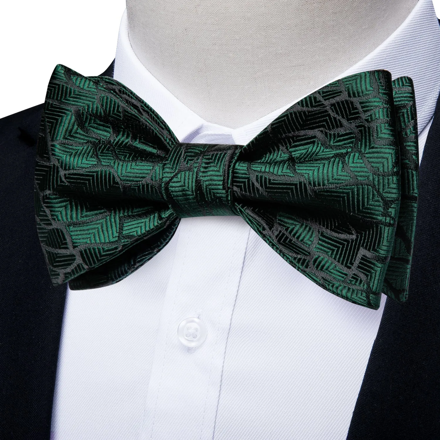 Green Black Stripe Silk Bowtie Pocket Square Cufflinks Set
