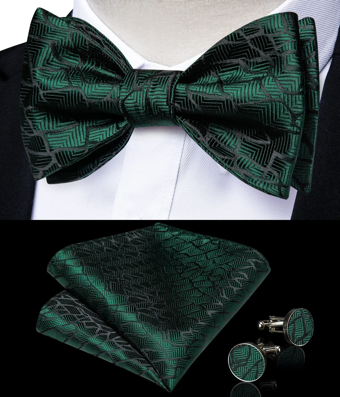 Green Black Stripe Silk Bowtie Pocket Square Cufflinks Set
