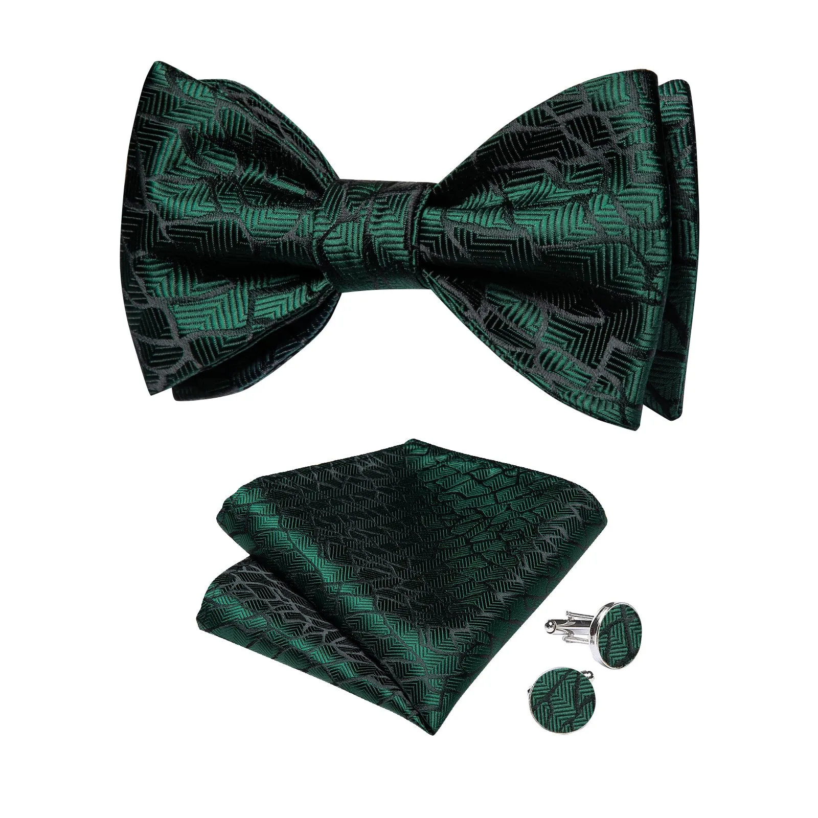 Green Black Stripe Silk Bowtie Pocket Square Cufflinks Set